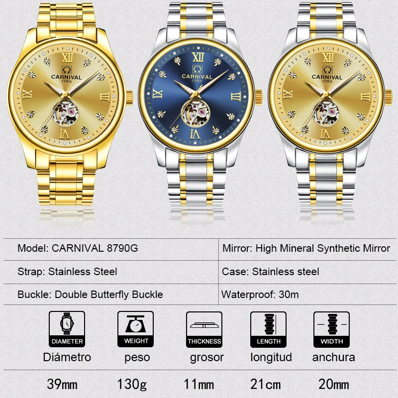 CARNIVAL Brand Fashion Gold Watch Men Luxury Business Mechanical Wristwatch Waterproof Hollow Automatic Clock Relogio Masculino enlarge
