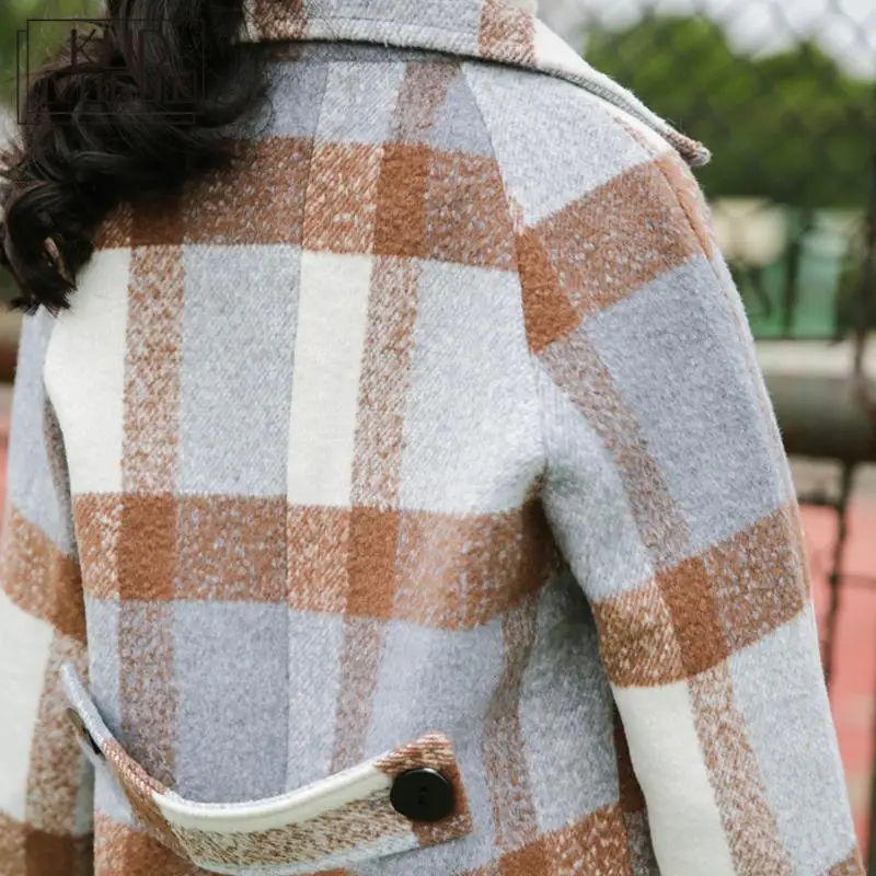 

New Autumn Jacket Women Cashmere Trench Jacket Casual Plaid Turn-down Collar Long Coat Thickness Warm Button Pocket Jackets