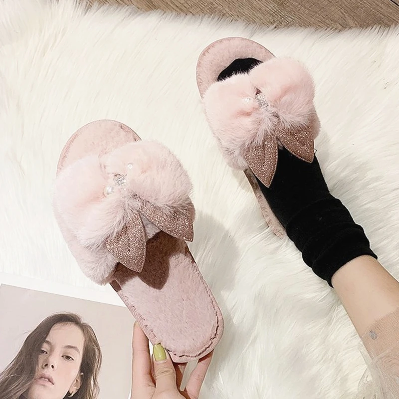

Winter Fur Rabbit-ear Home Women Slippers Comfortable Plush Warm Flat Ladies Casual Shoes Non-slip Cute Women Furry Slippers