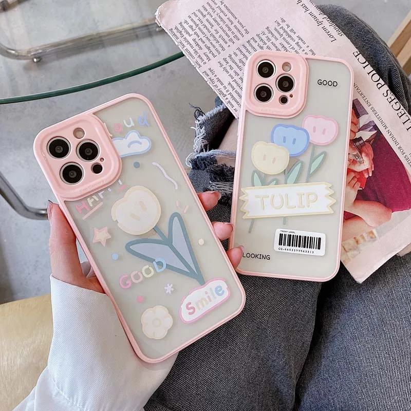 

High transparent acrylic Flower Phone Case For iPhone 11 12 Pro X XR XS Max SE2 mini 7 8 Plus Plus Shockproof Silicone Cover