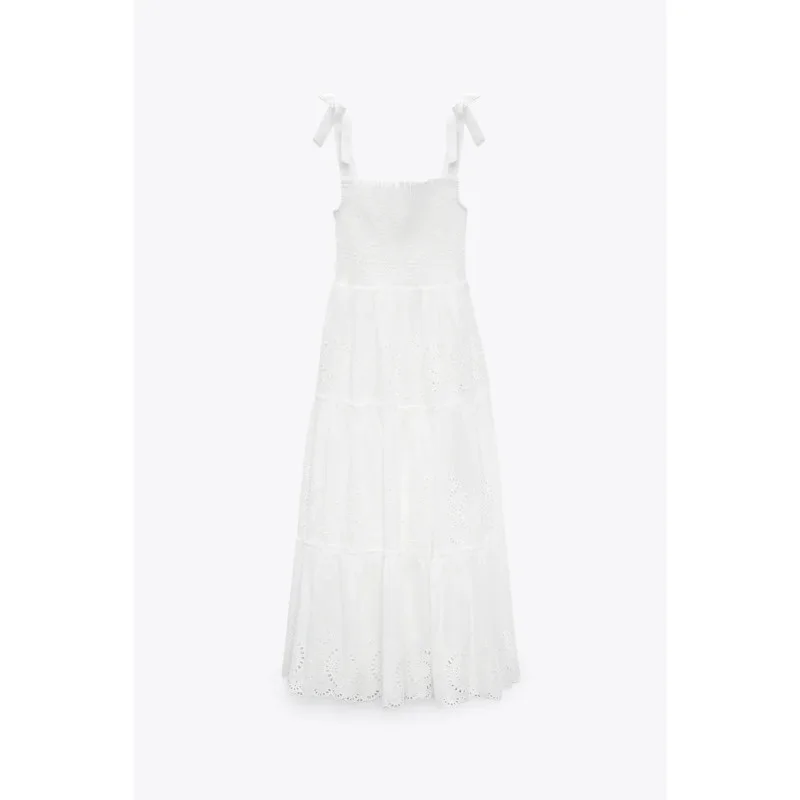 

ZA Embroidery Women White Dress Summer Strap Backless Women Tr Dress Af Sleeveless Robe Hollow Out Vintage Party Midi Dresses