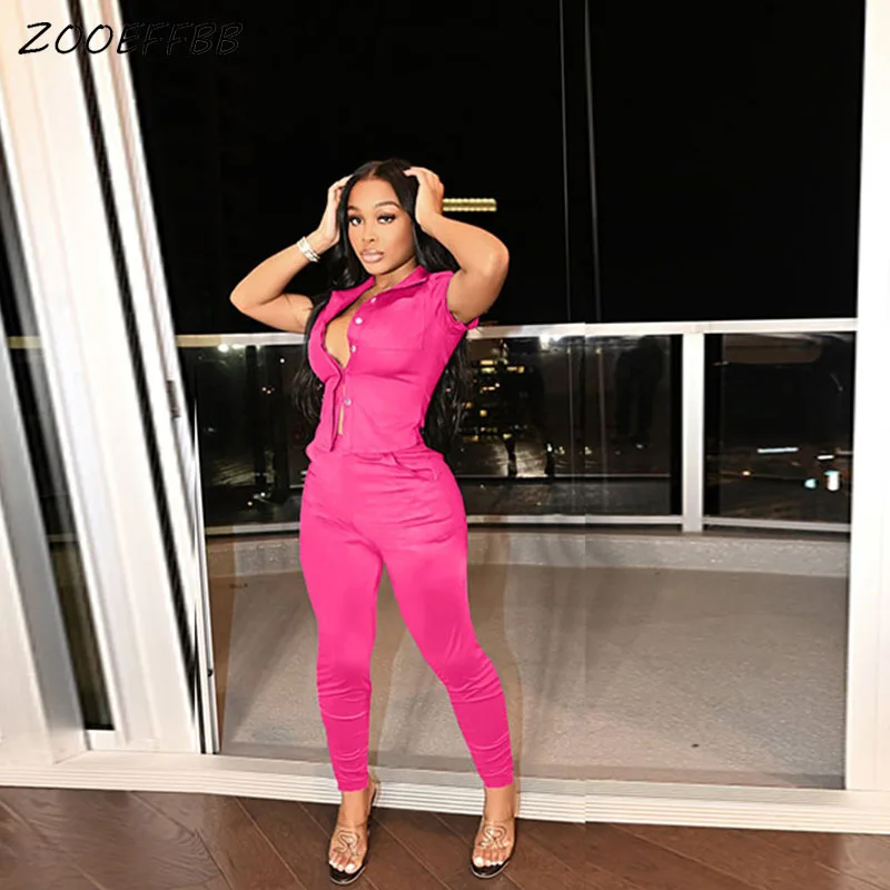 

ZOOEFFBB Sexy Two Piece Set Button Up Short Sleeve Tops and Pant for Women Summer Outfits Festival Clothing Club Matching Sets