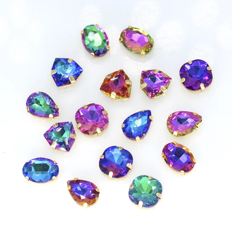 12p flame color Flatback crystal glass sewing fancy stone sew on rhinestones Jewels Gold plated button DIY clothing accessories