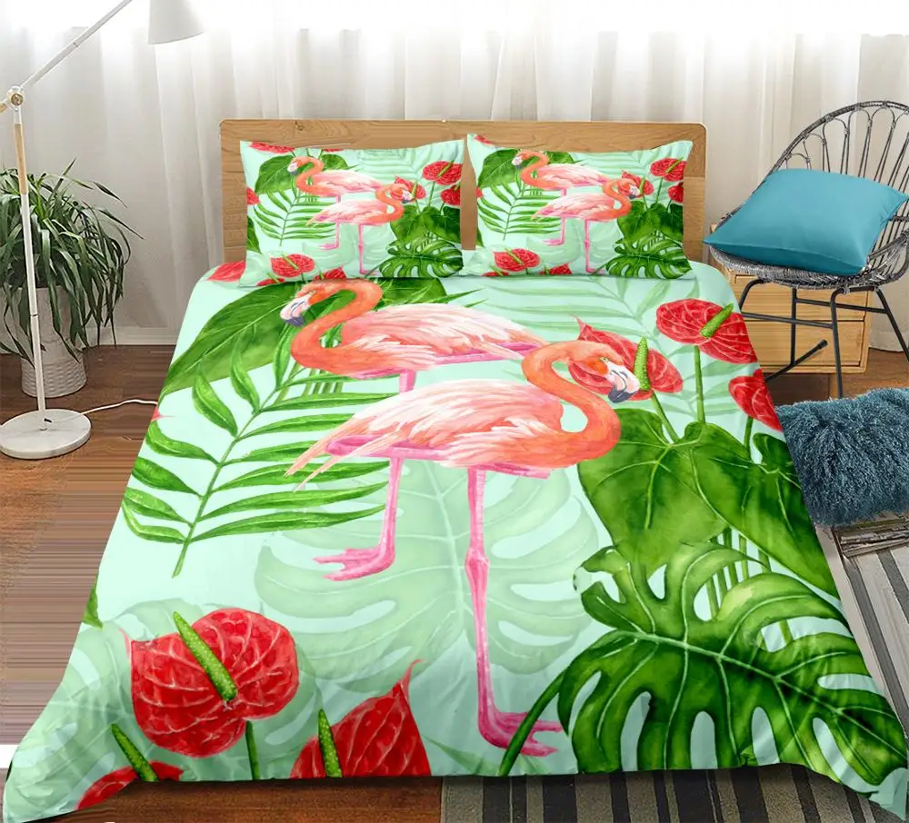 

Комплект постельного белья с изображением фламинго, двуспальное покрывало, постельное белье с зелеными растениями для девочек, Прямая поставка, домашний текстиль, 3 предмета