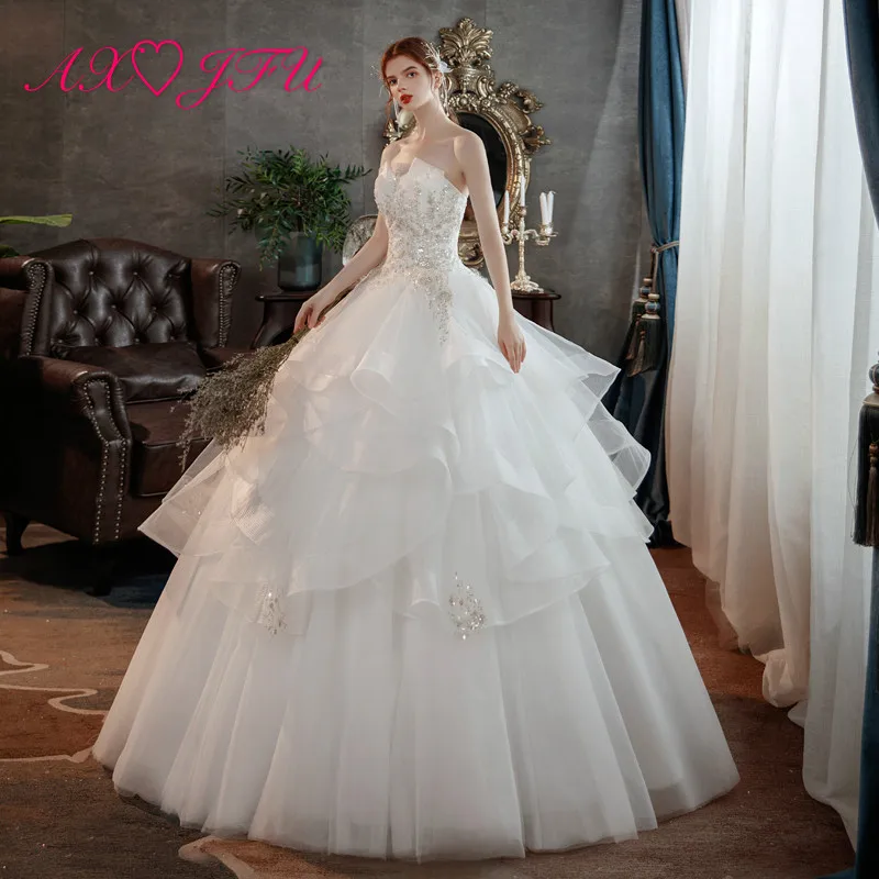 

AXJFU princess little flower lace white wedding dress vintage strapless beading crystal ruffles ball gown white wedding dress