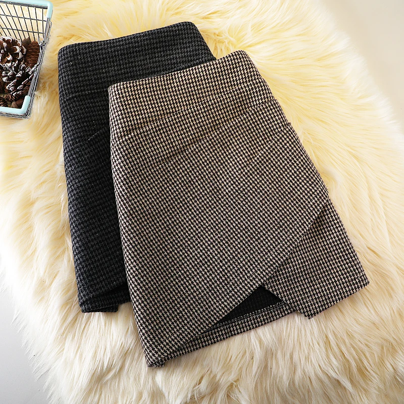 

FAKUNTN Irregular Woolen Mini Skirts Short Skirt Female Autumn and Winter New Fashion Big Size High Waist Small Houndstooth