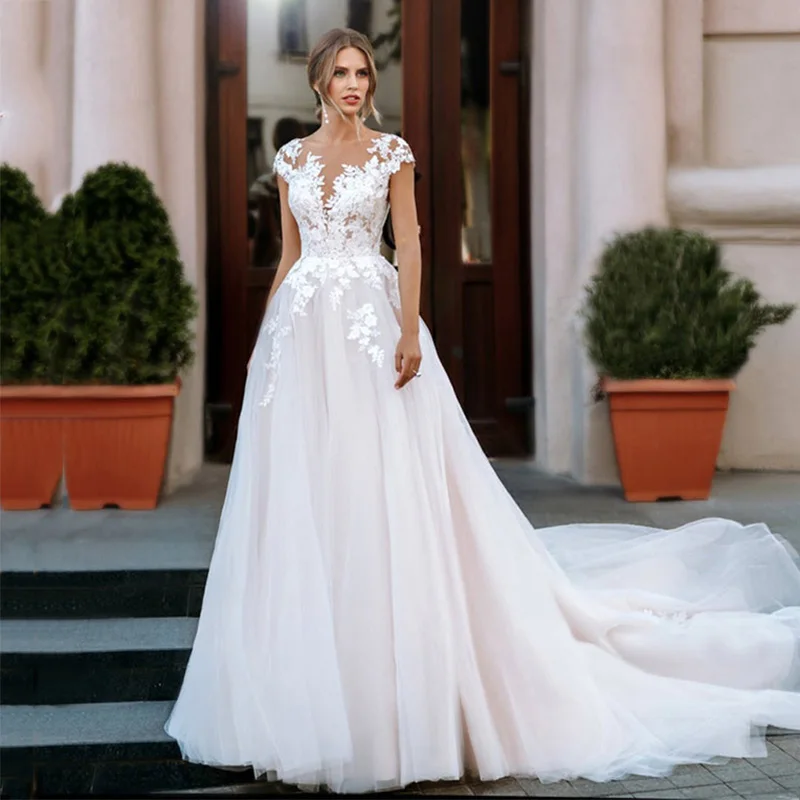 

Beach Vestido De Noiva Muslim Wedding Dresses A-line Cap Sleeves Tulle Appliques Lace Cheap Wedding Gown Bridal Dresses