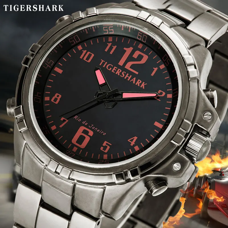 

Мужские спортивные кварцевые часы TIGERSHARK, электронные часы с хронографом, ремешок из нержавеющей стали, водонепроницаемые часы, мужские час...