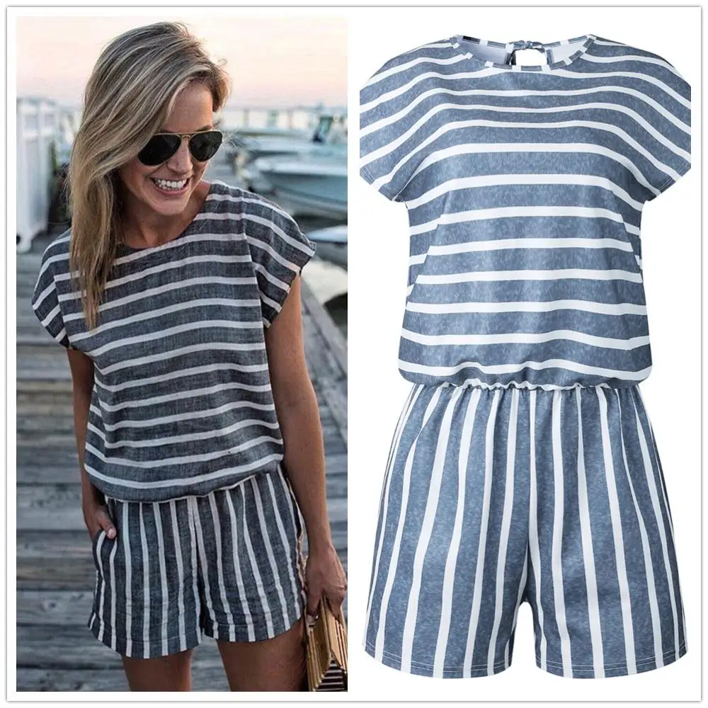 

Casual Striped O Neck Short Sleeve Playsuit Summer Elastic Waist Slim Back Lace Up Women Female Streetwear Overalls