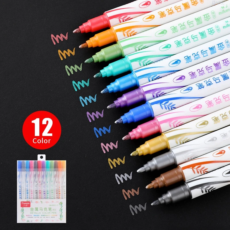 12 Colors Soft brush/Round Dual Tip Metallic Markers Paint Pens Doodle Dazzle Drawing Pens for Christmas Egg Stone Art Pen
