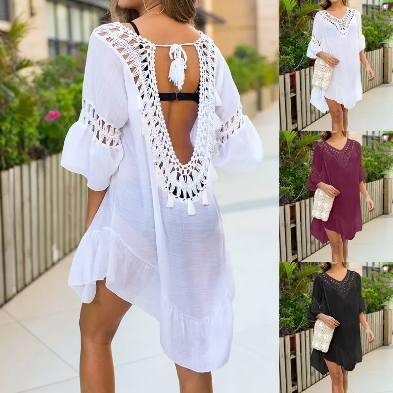 

New Bikini Cover Up Beach Dress Women Tunic Backless Kimono Swimsuit White Hollow Out Robe Swimwear Bathing Suit Beachwear