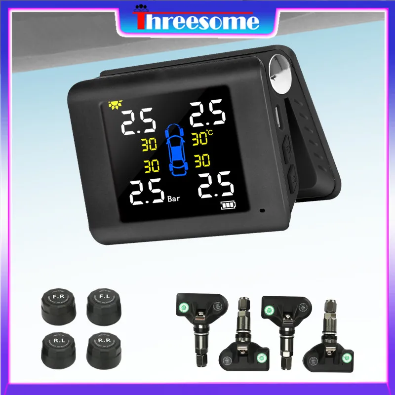 Threesome TPMS Black Auto Wireless Solar Power Charge tpms Tire Pressure Alarm Monitoring System 4 Built-in or External Sensor | Автомобили