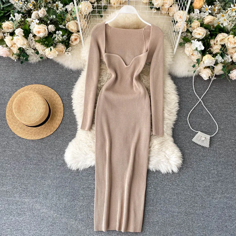 

Sexy Low Collar Clavicle Tight Waist Sweater Hips Elastic Sweater Dress Women's Autumn and Winter Bottom knit Dress Office Lady