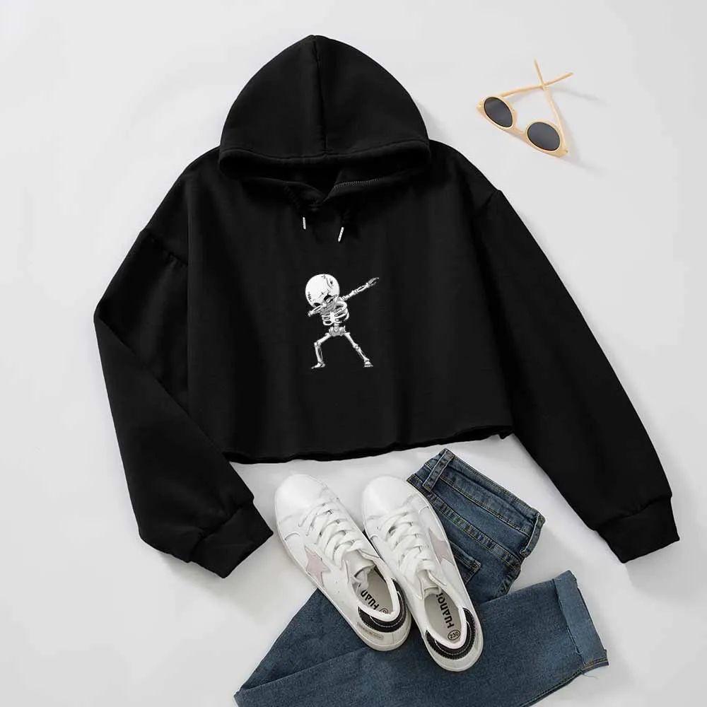 

Cropped Hoodie Skull Print Long Sleeve Sweatshirt Punk Clothes Crop Top Women Autumn Harajuku Female Hoodies Teen Girls Clothing