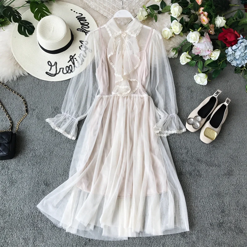 Женское Сетчатое платье с оборками и бантом весеннее милое из двух предметов