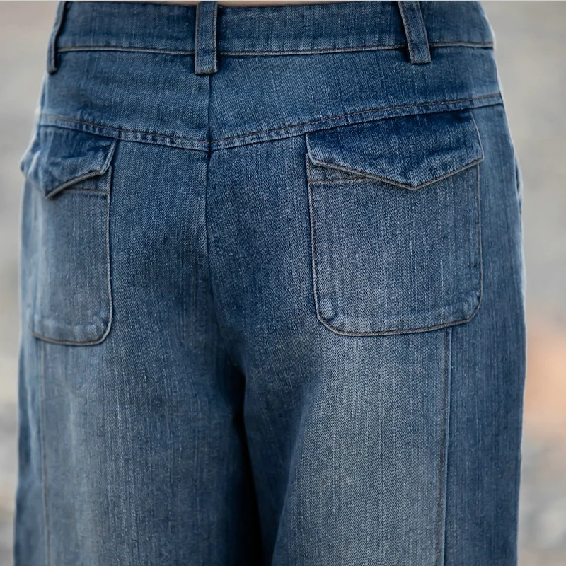 Женские джинсы со средней посадкой свободные синие с широкими штанинами для