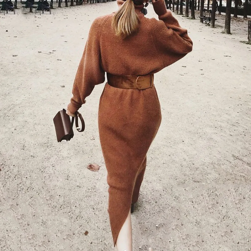 

Fashion Belted Long Sweater Women Autumn Winter Clothing Mid-length Sweater Knitted Dress Slim Turtleneck Dress OL Vestidos