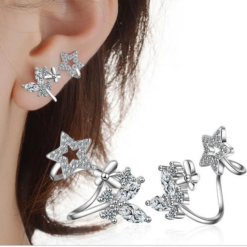 

POPACC 925 Sterling Silver CZ Zircon Butterfly Star Stud Earrings For Women boucle d'oreille Gift