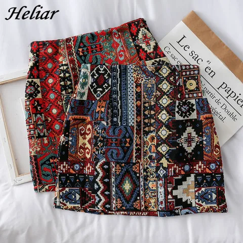 HELIAR Women Boho Skirt Embroidery A-Line Mini Skirts Chic Geometric Parttern Woolen Vintage Bohemian Skirts Women 2023 Autumn