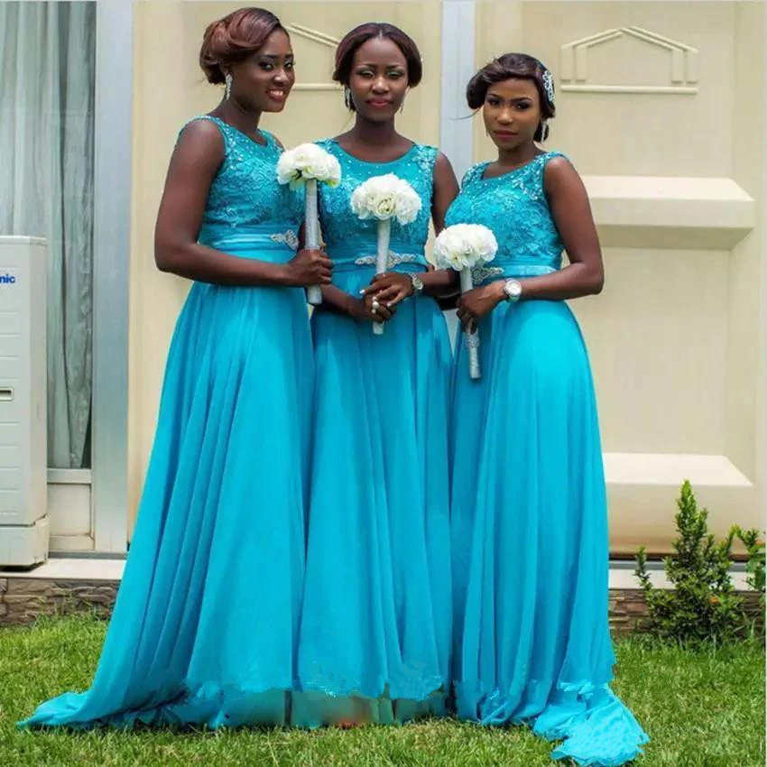 

Turquoise Bridesmaid Dresses Long Maid of Honor Dress For Wedding Party Guest With A Line Scoop Lace Chiffon South African