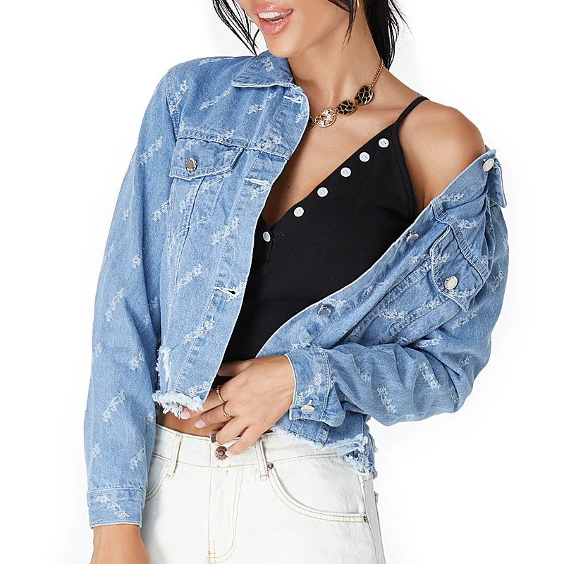 

2022 Spring Autumn Fashion Trend Distressed Retro Letter Print Short Denim Jackets For Women Female Cropped Denim Jacket Outfits