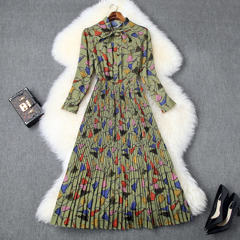 

Новые весенние 2021; Наивысшее качество; Женские тонкие вечерние платье в повседневном стиле с эластичной резинкой на талии и бантами, платье с принтом для девочек Футболка В Стиле Ретро плиссированные платья