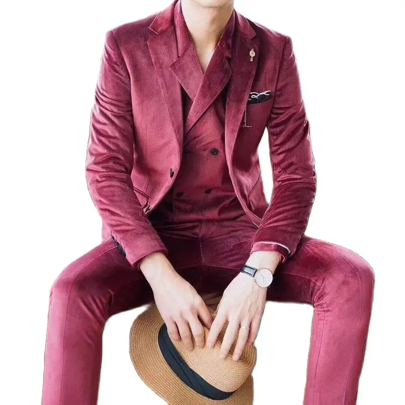2022 High Quality Business Groom Tuxedo Red Luxury Velvet Notched Lapel Single Breasted Customizes Mariage Wear 3 Pieces (0)