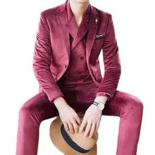 Smoking de luxe rouge en velours de haute qualité pour marié, revers cranté à simple boutonnage, personnalisation de vêtements de Mariage 3 pièces, 2022  (2)