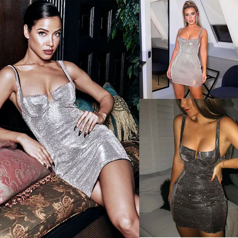 

Womens Fashion Glitter Blingbling Bodycon Mini Dress Ladies Summer Casual Sexy Sleeveless Sling Short Dress Girls Clubwear