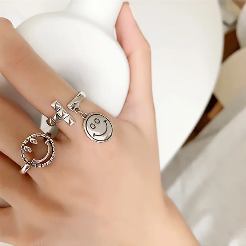 

FMILY Minimalist 925 Sterling Silver Personality Hollow Smiley Face Ring Retro Fashion Cross Hip Hop Jewelry for Girlfriend Gift