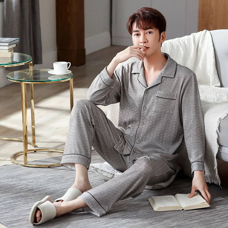 저렴한 남성 코튼 파자마 봄 가을 신상 가디건, 심플한 홈 투피스 세트 의류, 아버지 잠옷, 라운지 커플 매칭, 레드