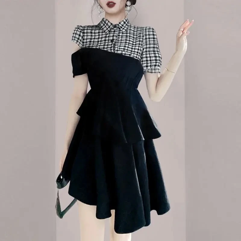 

Women's OL shirt skirt 2021 summer new short sleeve stitching strapless dress Preppy Style Regular Turn-down Collar
