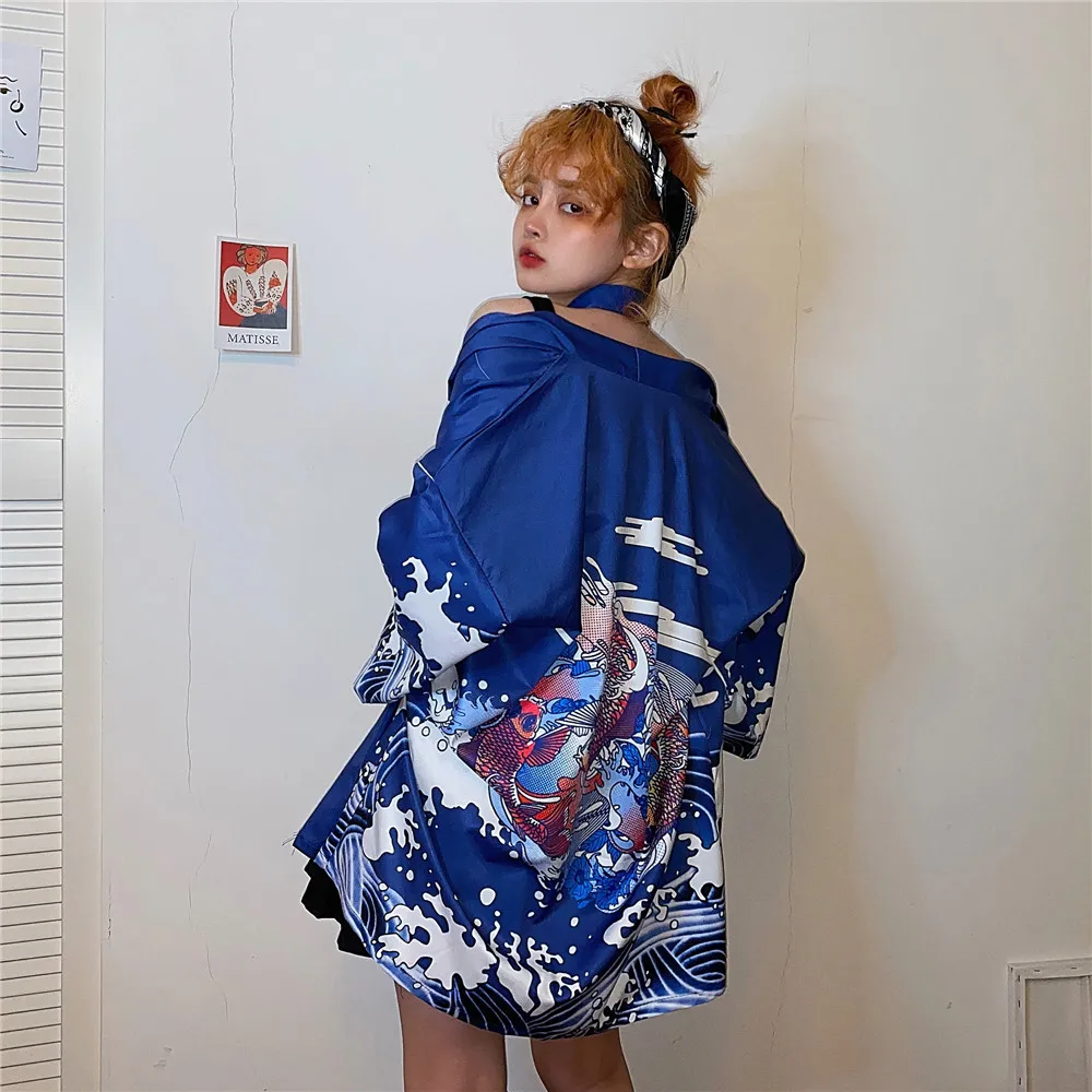 Женская кардиган Хараджуку с развязанными пуговицами сине-черного цвета 2020 года, японская мода кимоно, летняя блузка, повседневная женская одежда, кимоны для косплея.