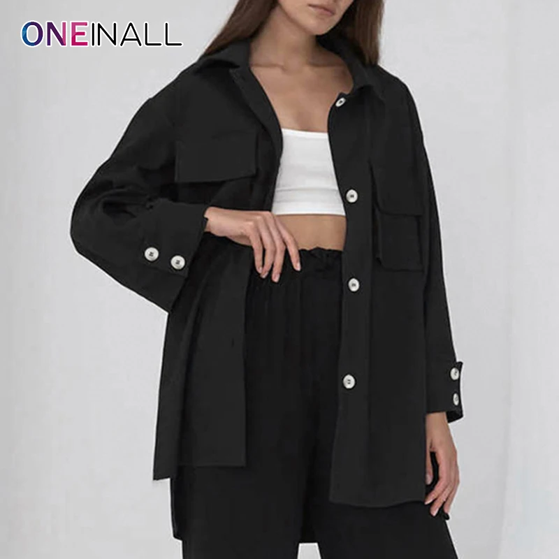 

ONEINALL Streetwear Coat For Women Lapel Single Breasted Patchwork Pockets Plain Stright Jackets Female 2021 Autumn Clothes New