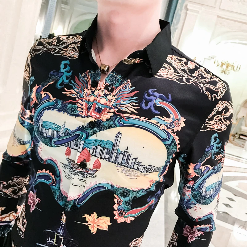 Мужская рубашка с длинным рукавом мужская цветочным принтом приталенная