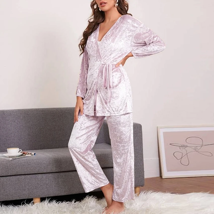 

Hiloc велюровая одежда для сна, халат, Женский Пижамный осенний костюм, комплект с длинным рукавом для женщин, 2 предмета, бархатный халат на шн...