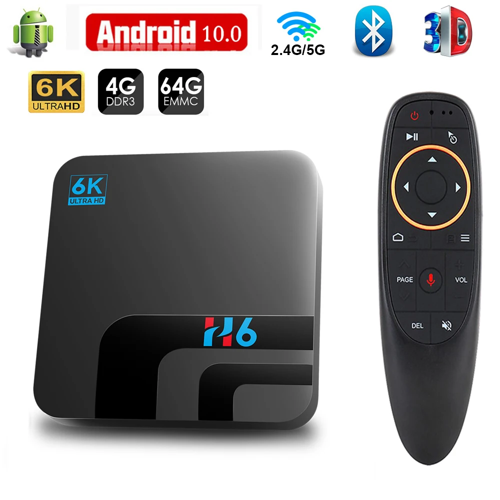 

ТВ-Приставка Smart Android 10, 4 + 32/64 ГБ, 6K, H.265, 2,4/5 ГГц, Wi-Fi, Bluetooth