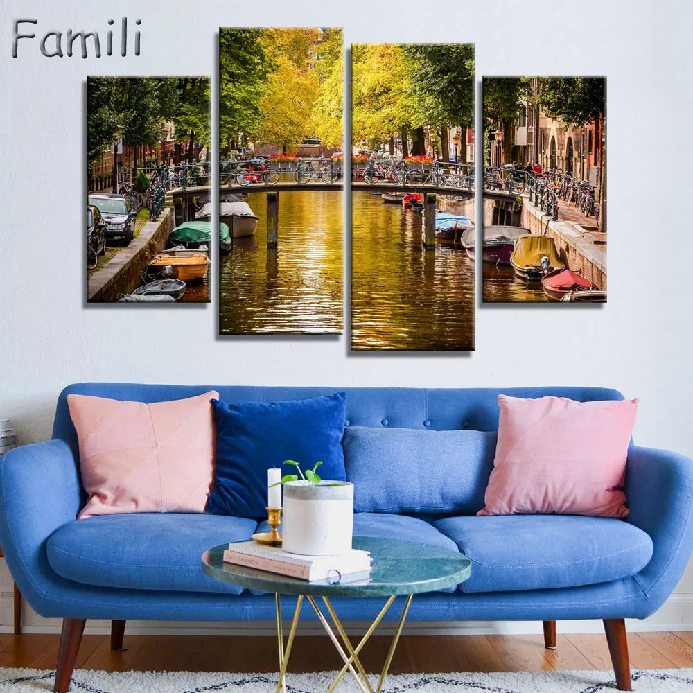 

Home Decor Frame Modern HD Printed Canvas Painting 4 Pieces Black White Wall Art Pictures Netherlands City Streetscape Poster PE