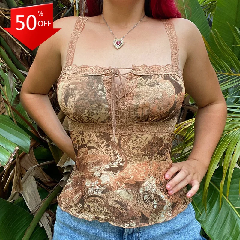 

Brown Graphic Print Vitnage Cami Lace Trim Tie Front Up Sleeveless Crop Top Y2K Fairy Grunge Corset Women Summer Mini Vest