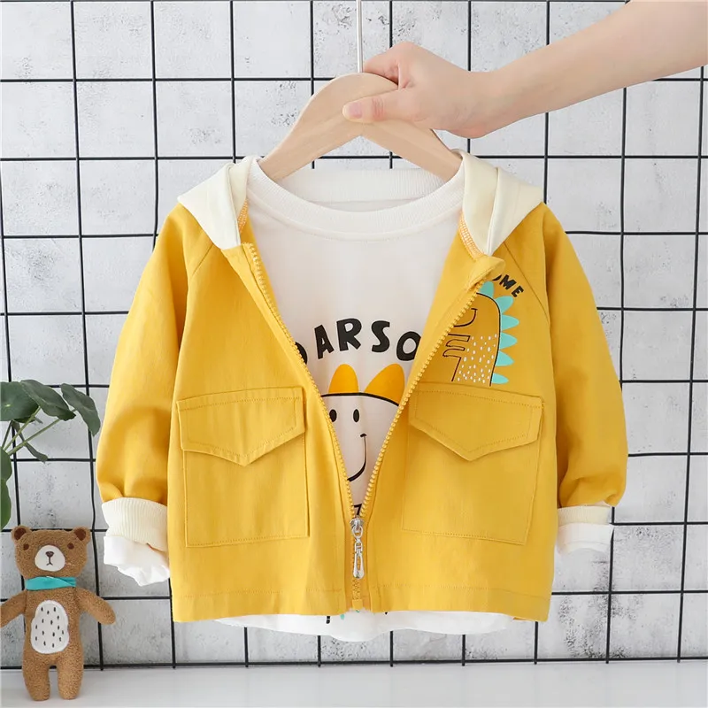 Yellow Dinosaur Осенняя модная куртка на молнии с капюшоном и длинными рукавами для маленьких девочек; Детские плащи; повседневные кардиганы; Верхняя одежда для мальчиков; casaco - Цвет: Yellow Dinosaur