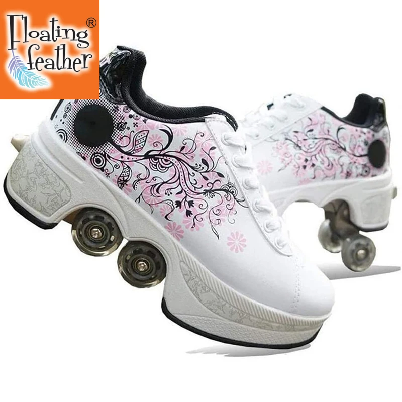 Кожаные розовые роликовые коньки, деформационная обувь с 4 колесами, повседневная обувь для взрослых, унисекс, детские роликовые коньки, обу...