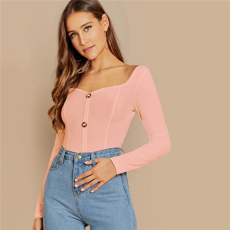 SHEIN Облегающий Топ С Длинным Рукавом И Глубоким Вырезом Трикотажная Блузка В Рубчик