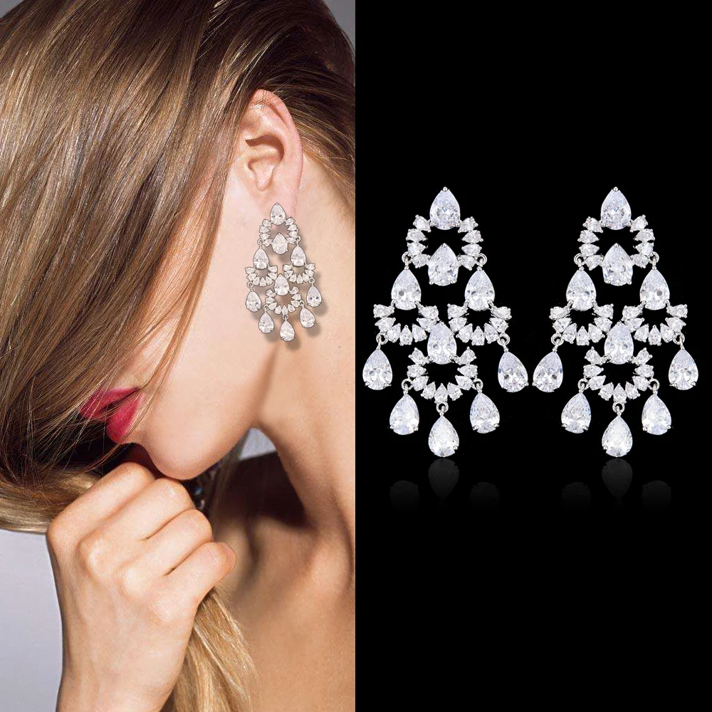 

LARRAURI Elegant Geometric Tassel Drops Earrings Full Micro Cubic Zirconia Women Bridal Engagement Earring Jewelry Addiction