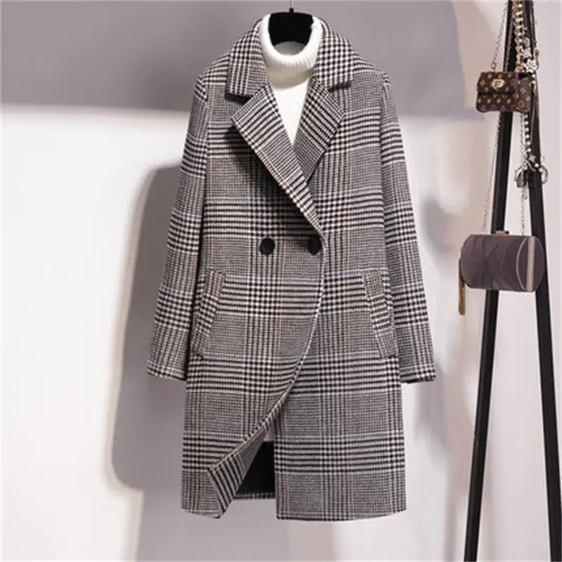 Модное женское клетчатое шерстяное пальто длинное в Корейском стиле зимнее