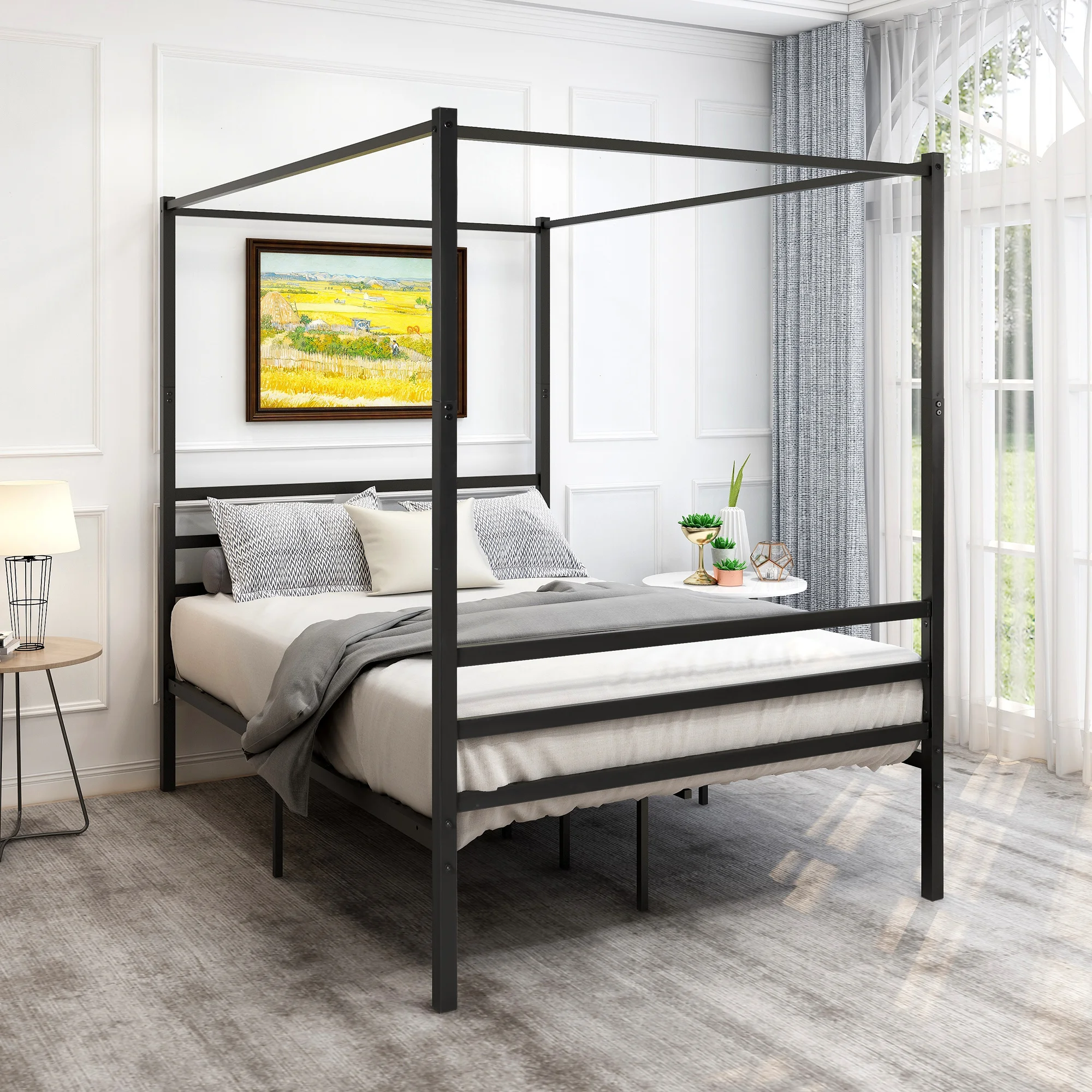 

Queen/Full/Twin Canopy Metal Bed with Headboard&Footboard Foundation Platform Frame Metal Slat Black Holds 450lbs Easy Assembly