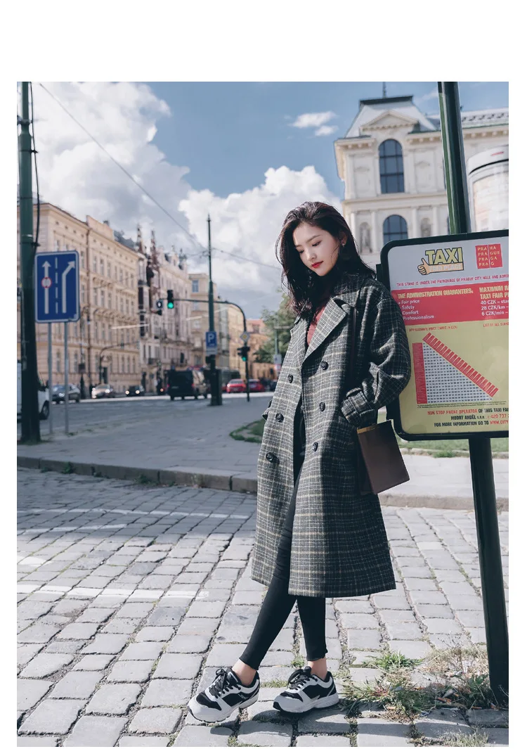 Vintage Plaids Clothes Loose Woollen Coat Women's New Checked Coat Baggy Silhouette Overcoat Tweeds Winter female Outerwear