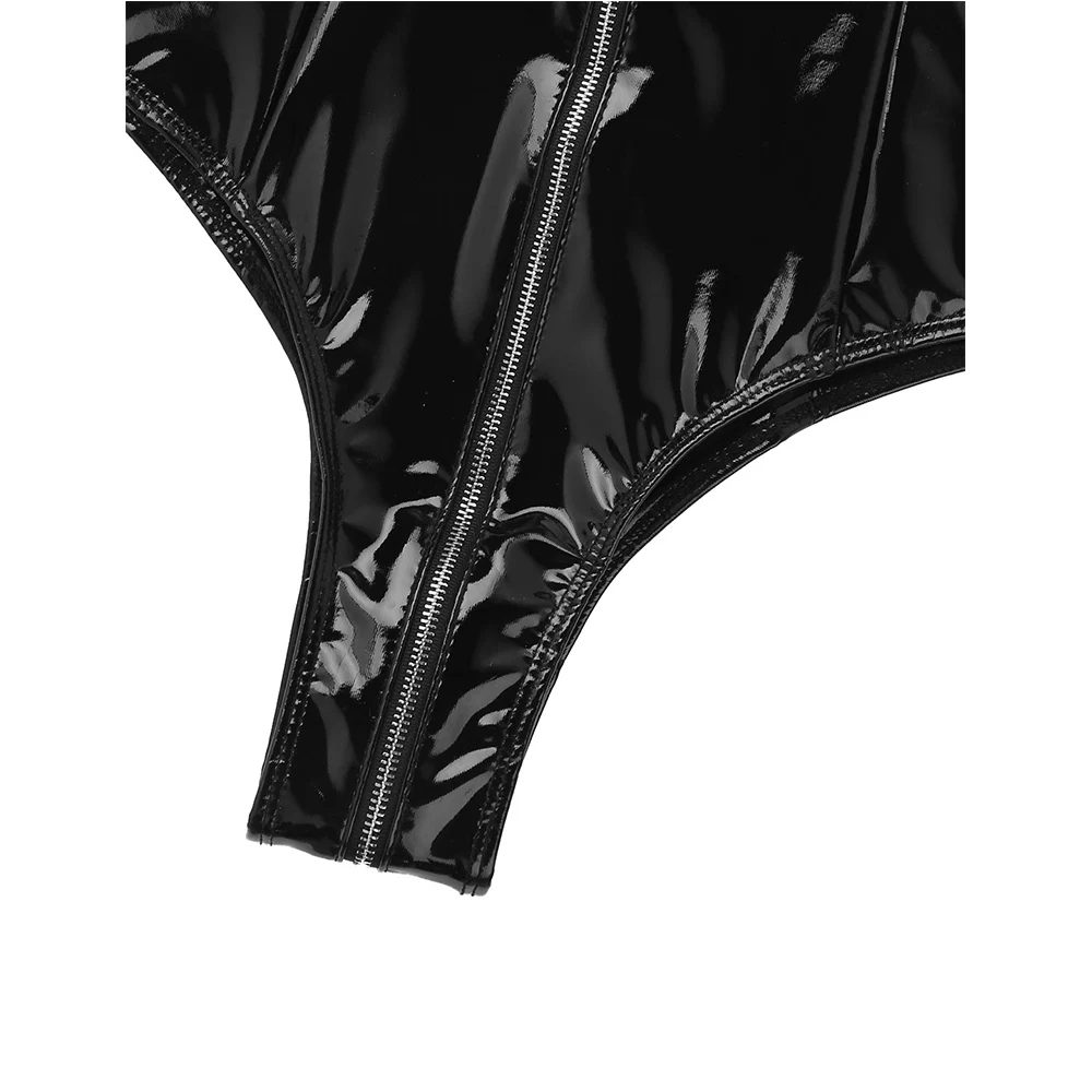

Women Wet Look Black Patent Leather Lingerie Teddies Wide Shoulder Straps Zipper Leotard Nightclub Rave Costume Sexy Bodysuit