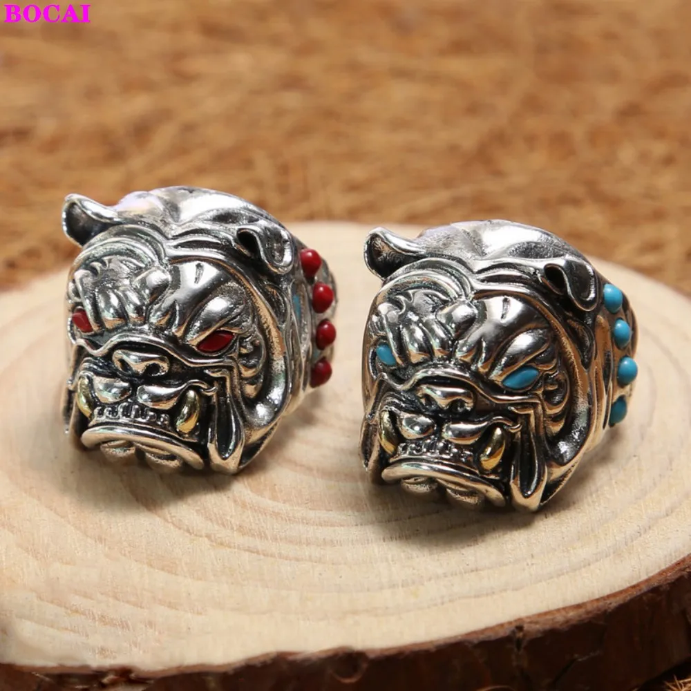 

BOCAI s925 sterling silver rings personality vintage Thai silver ring inlaid natural stone bulldog ring for men