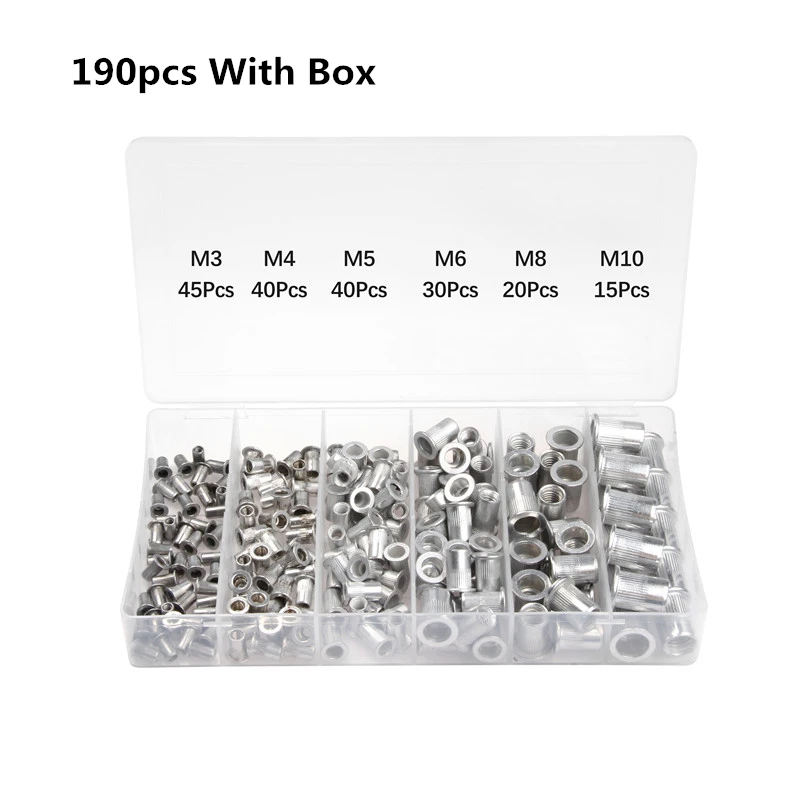 190pcs 190 шт. M3 M4 M5 M6 M8 M10 Заклепка гайка с коробкой алюминиевый сплав Rivnut плоская головка Резьбовая вставка гайка заклепки крышка набор резьбовых гаек - Цвет: 190pcs