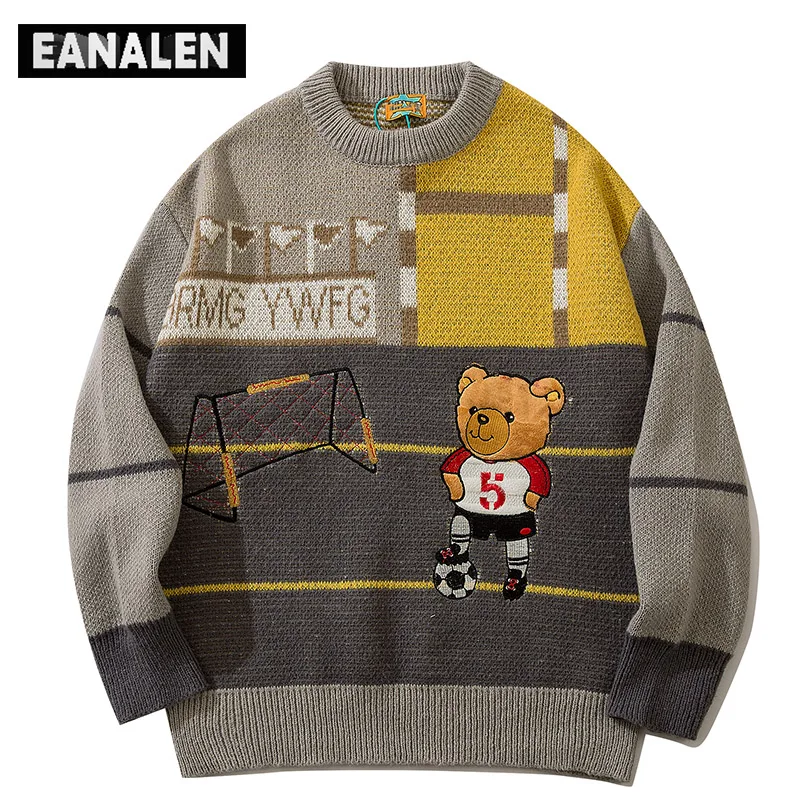 

Harajuku contrast color bear knitted sweater men's hip hop graffiti color matching anime ugly sweater jumper pullover women